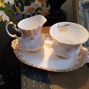 Royal Albert Bone China 50th Anniversary cup, tray and creamer